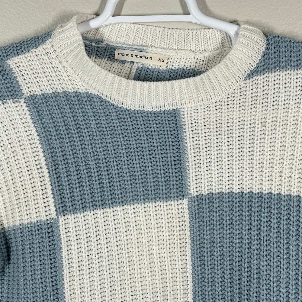 Moon & Madison Blue White Checkered Cropped Chunky Knit Sweater XS QH210209